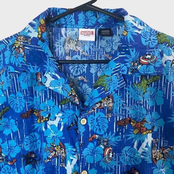 Marvel Avengers Tropical Hawaiian Shirt Blue Men's Large Short-Sleeve Button-Up - Picture 5 of 11